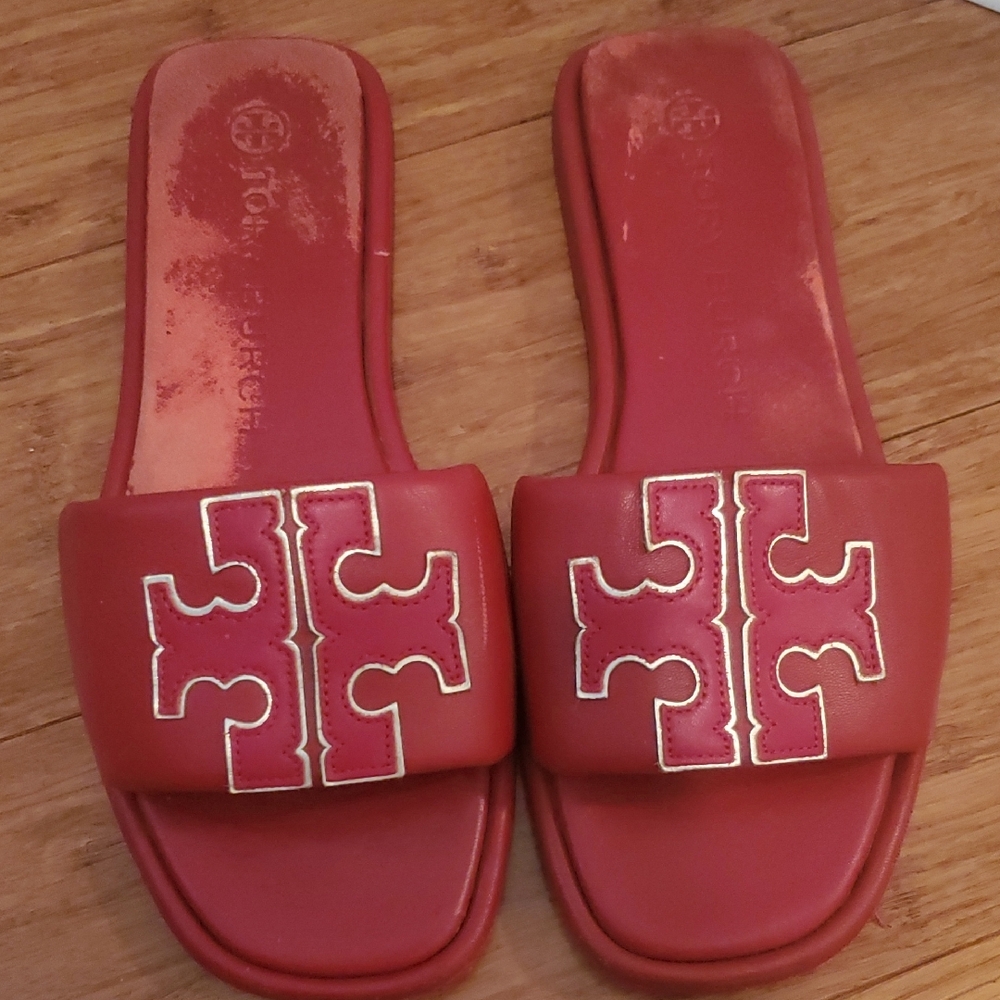 Tory Burch Red Slide Sandals with Gold Logo